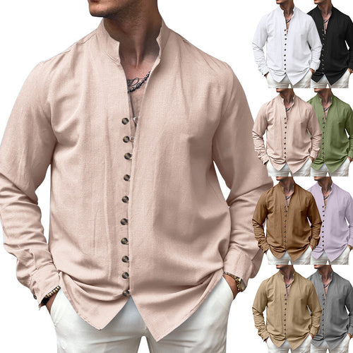 Herren nan elegantes Langarm-Leinenhemd mit Stehkragen asymmetrischer Knopfleiste und schmaler Passform Drune
