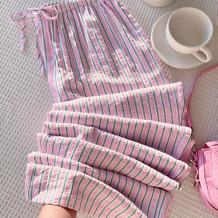 Damen bequeme Sommerhose mit gestreiftem Design und elastischem Bund Drune
