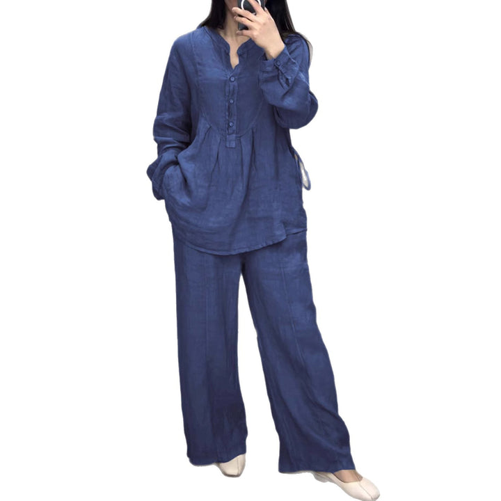 Damen nan lässiges Leinen-Set Tunika mit weitem Bein, Knopfleiste und Seitentaschen Drune