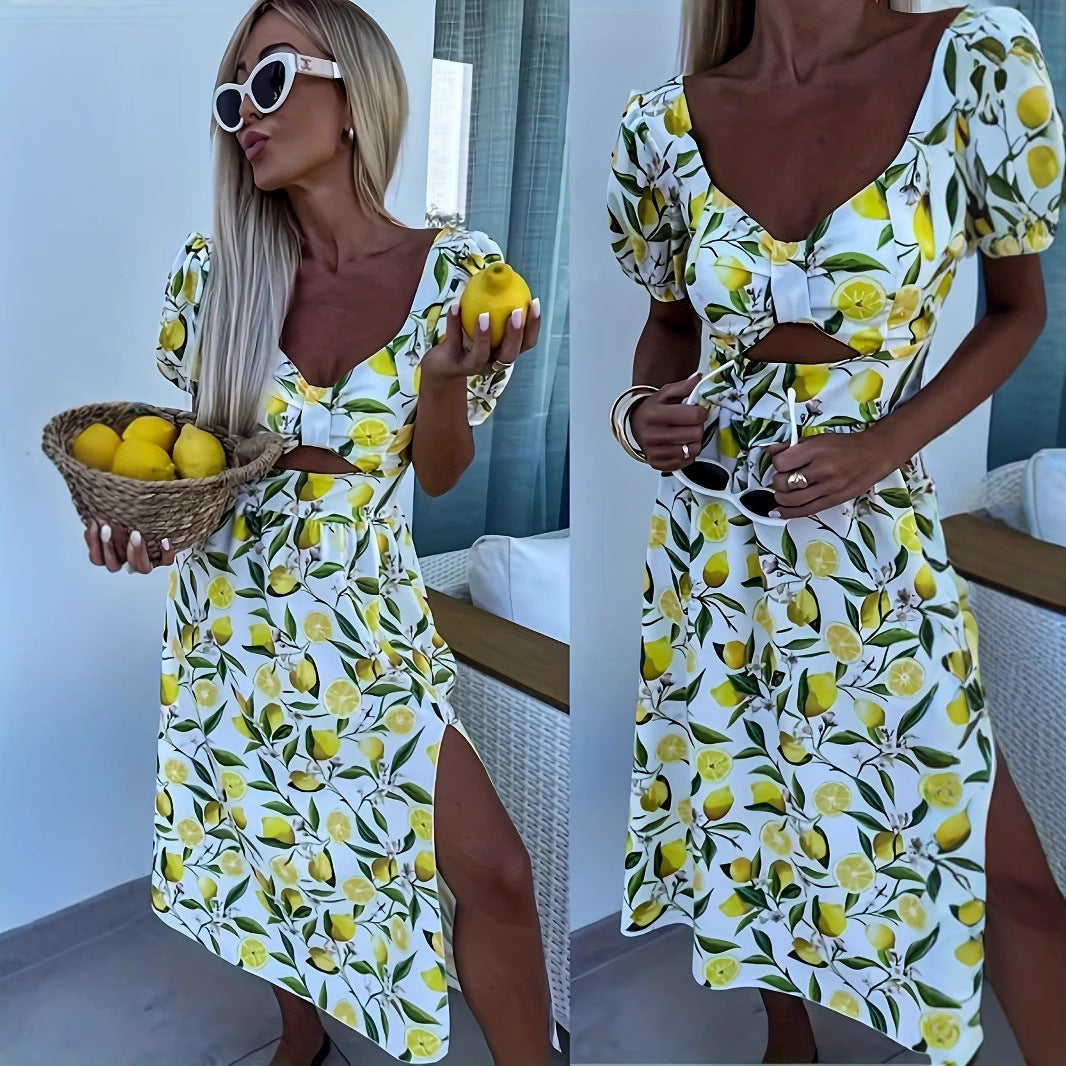 Damen Maxikleid mit fruchtigem Print und seitlichem Schlitz Drune