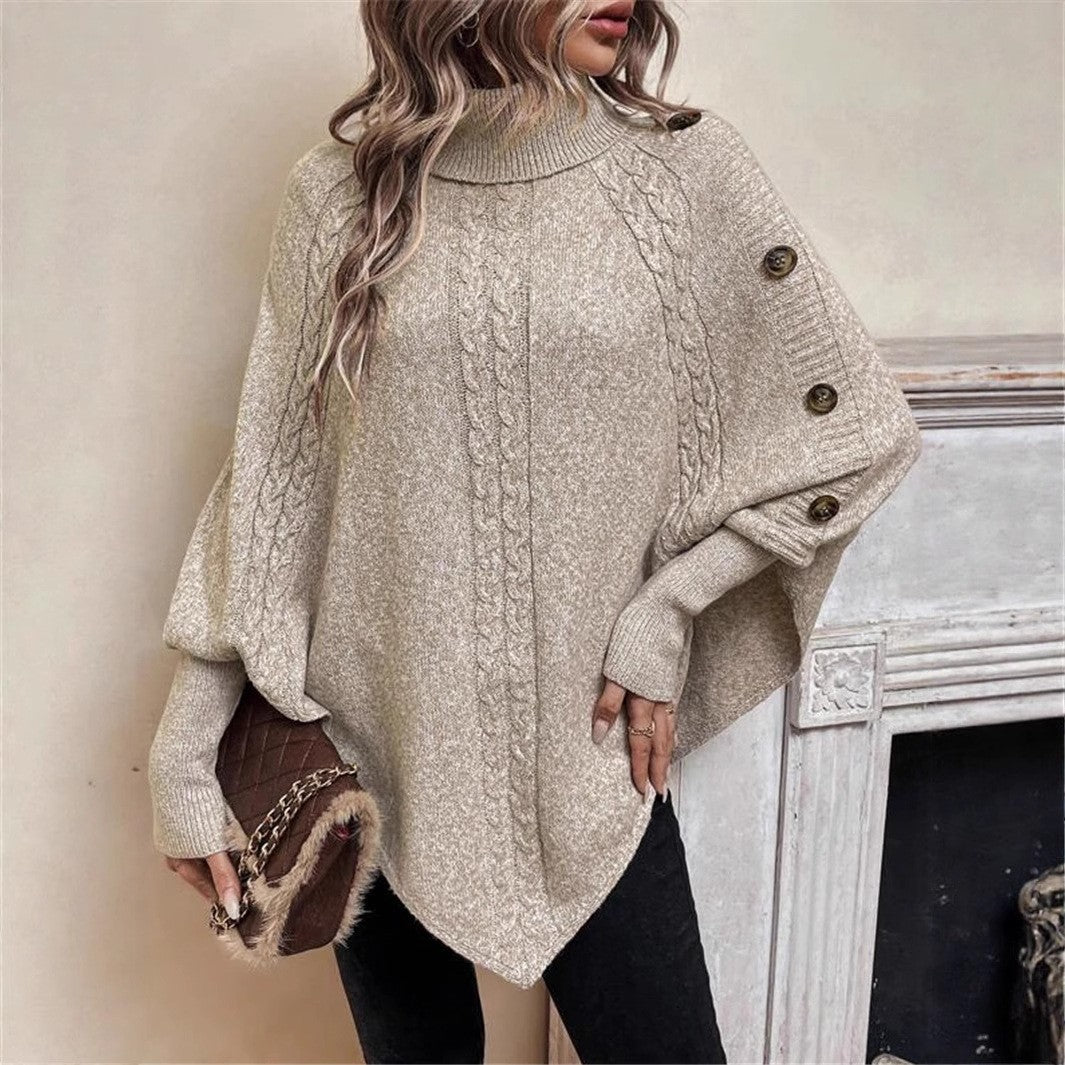 Damen Oversized Strickpullover mit Rollkragen und Knopfdetails Drune