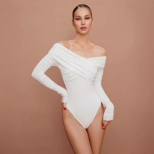 Damen eleganter Body mit drapiertem Oberteil und schmalen Ärmeln Drune