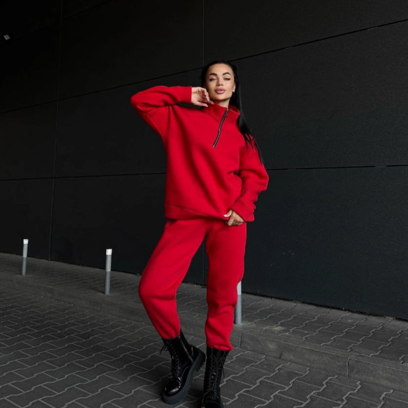 Damen modisches Fleece-Loungewear-Set mit Reißverschluss Drune
