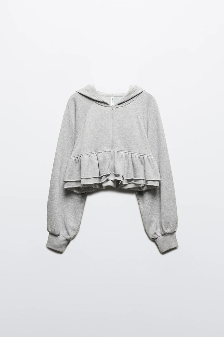 Damen cropped Kapuzenjacke mit verspieltem Rüschendesign Drune