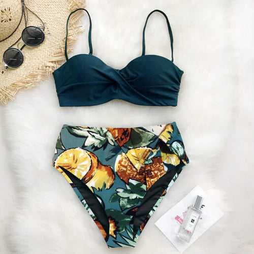 Damen Hoch tailliertes Bikini-Set mit floralem Oberteil Drune