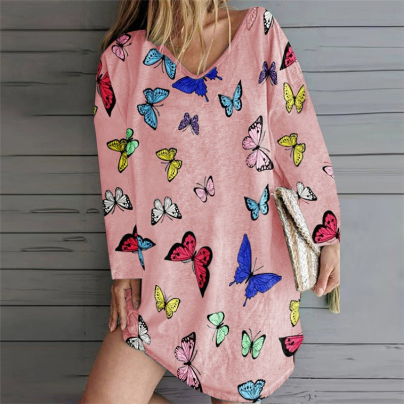 Damen lässiges Strandkleid mit buntem Schmetterlingsmuster und weiten Ärmeln Drune
