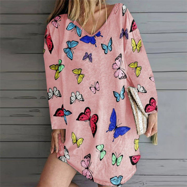 Damen lässiges Strandkleid mit buntem Schmetterlingsmuster und weiten Ärmeln Drune