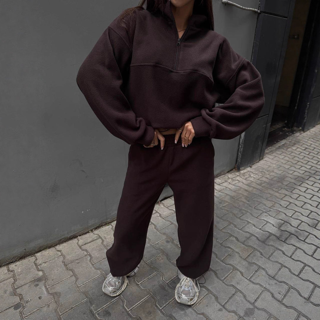 Damen Sportliches Fleece-Jogginganzug mit Stehkragen und Reißverschluss Drune