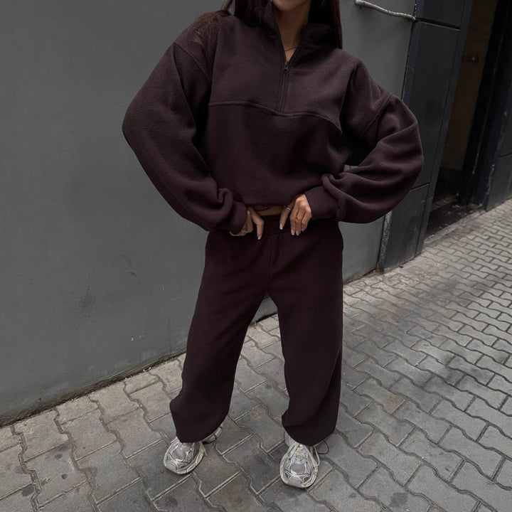 Damen Sportliches Fleece-Jogginganzug mit Stehkragen und Reißverschluss Drune