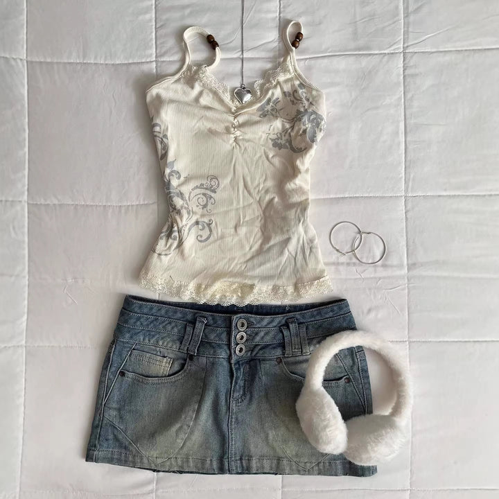 Damen Verspieltes Spaghetti-Träger Top mit Spitzendetails Drune