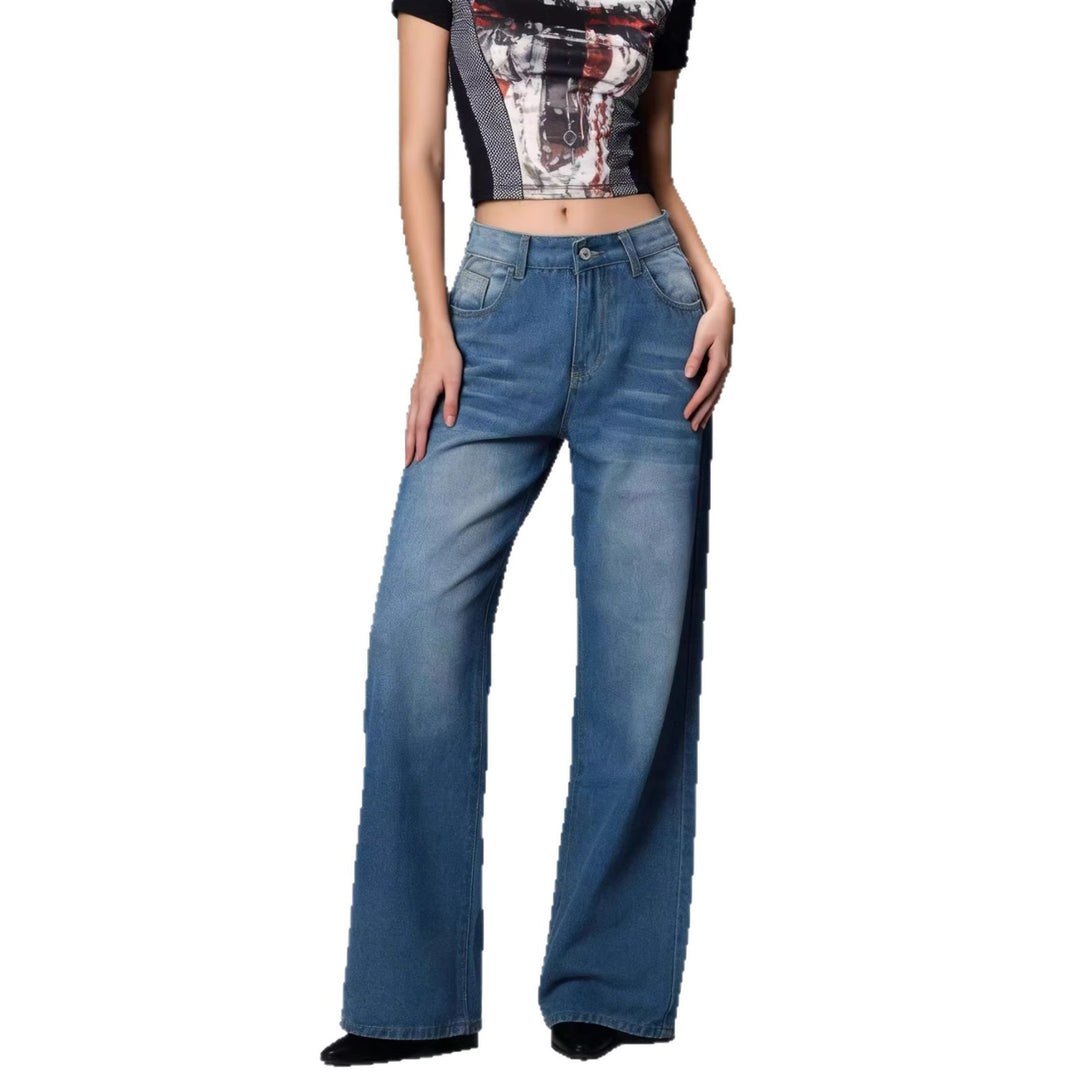 Damen weite Denim-Hose mit Vintage-Waschung und hoch geschnittenem Bund Drune