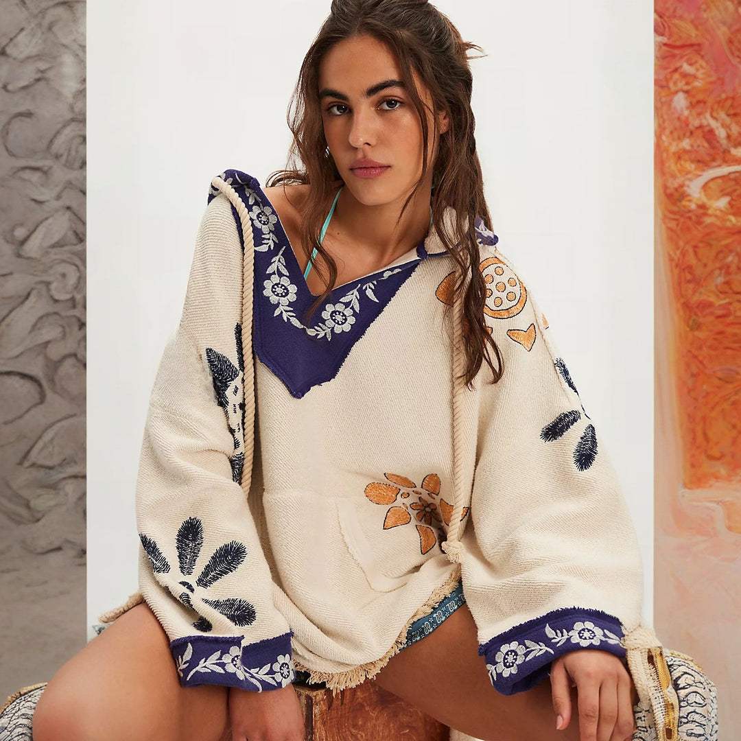 Damen Kapuzenponcho mit bunten Stickereien und fransigen Abschlüssen Drune