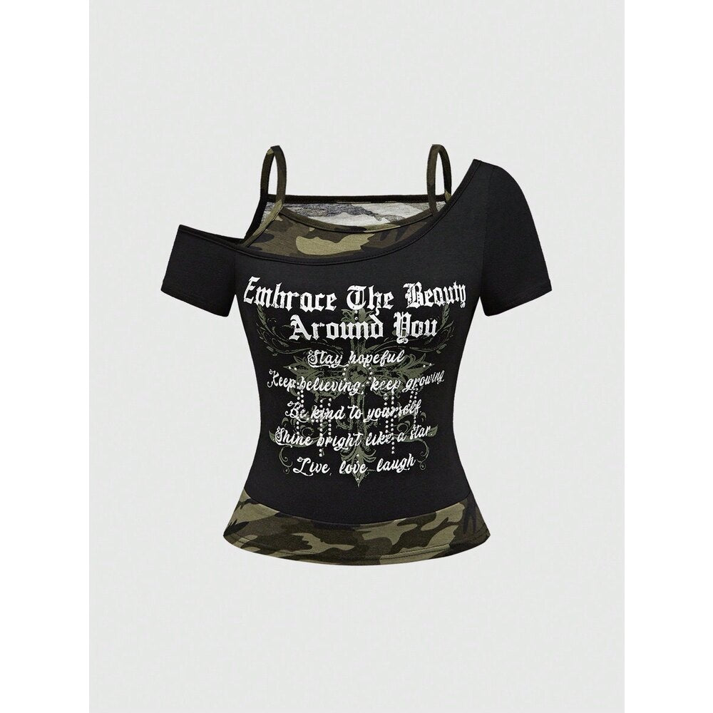Damen Off-Shoulder Top mit Camouflage-Muster Drune