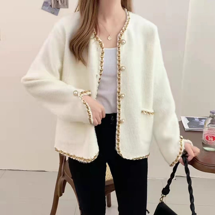 Damen Elegante Strickjacke mit dekorativen Perlenknöpfen und feiner Struktur Drune