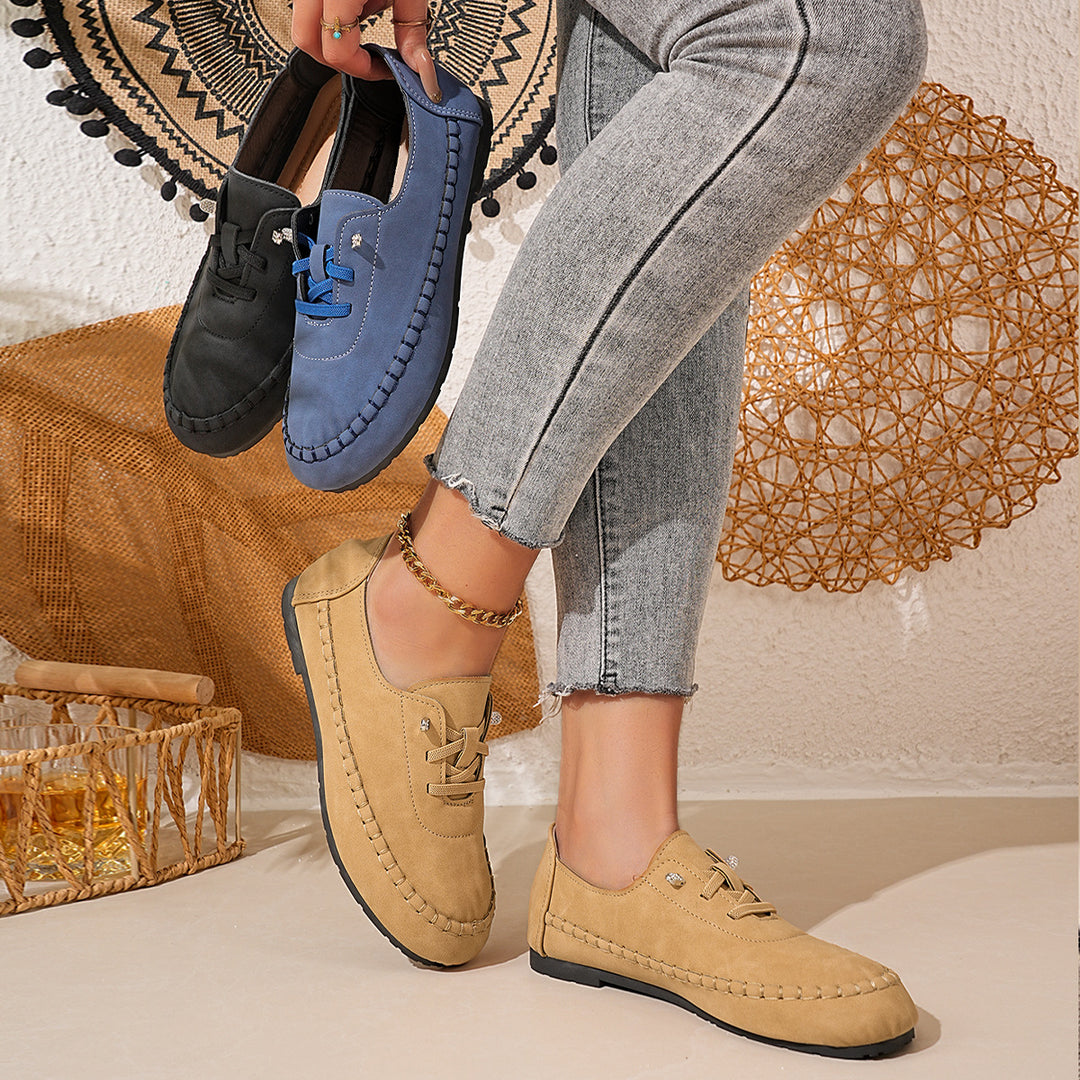 Damen nan atmungsaktive Mokassin-Slipper aus Mikrofaser mit elastischer Schnürung und rutschfester Gummisohle Drune
