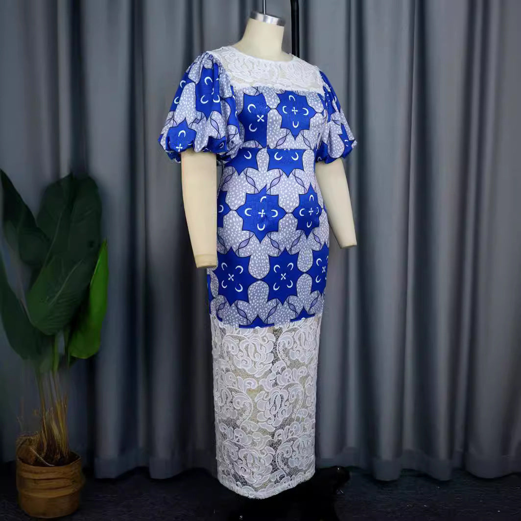 Damen Elegantes Midi-Langarmkleid mit floralem Muster und Puffärmeln Drune