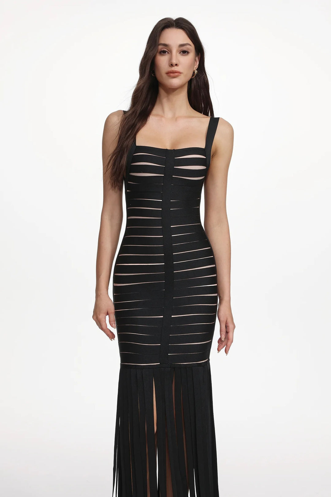 Damen Elegantes Abendkleid mit raffiniertem Streifen-Design und Fransen Drune