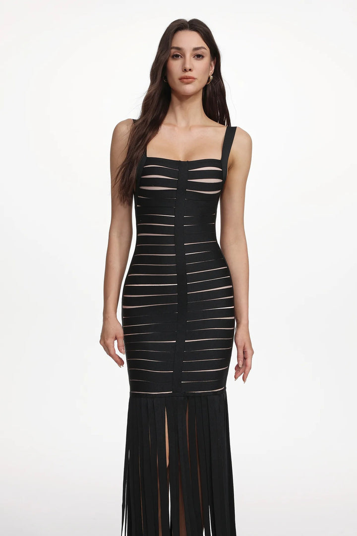 Damen Elegantes Abendkleid mit raffiniertem Streifen-Design und Fransen Drune