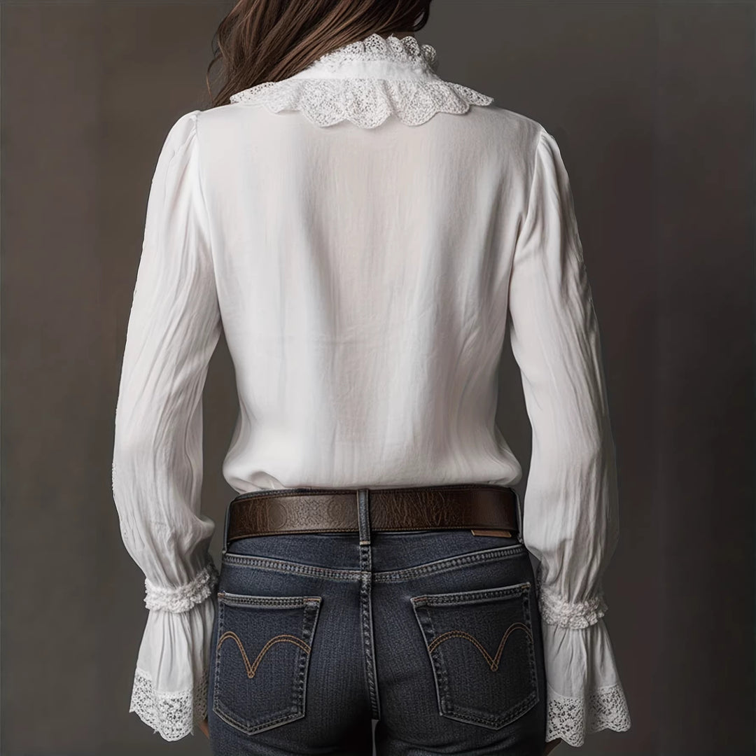 Damen elegante Bluse mit Rüschendetails und Spitzenbesatz Drune