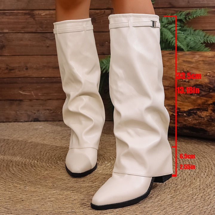 Damen nan kniehohe Slouch-Stiefel mit spitzer Zehenpartie niedrigem Blockabsatz und dekorativem Schaftgurt Drune