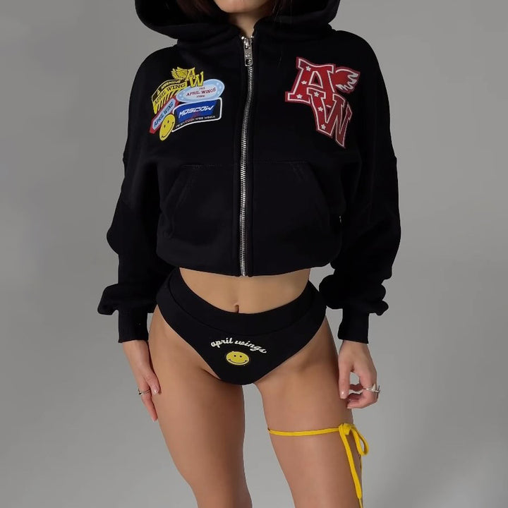 Damen Freizeit-Loungewear Set mit Kapuzenjacke und lässigen Hosen Drune