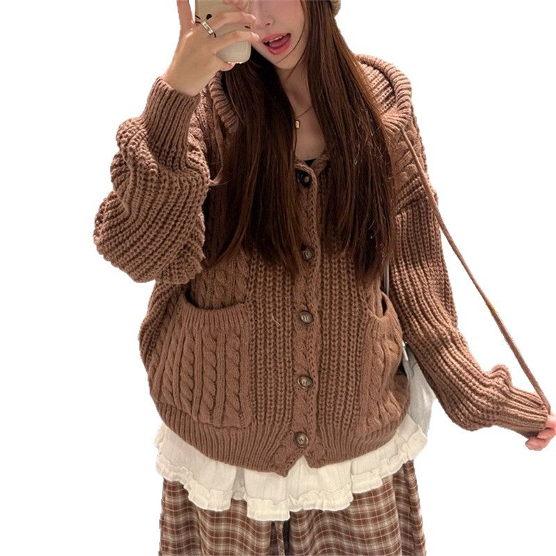 Damen Grobstrickjacke mit Kapuze und großen Taschen Drune