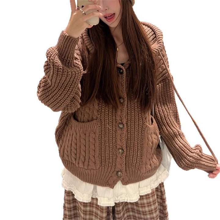 Damen Grobstrickjacke mit Kapuze und großen Taschen Drune