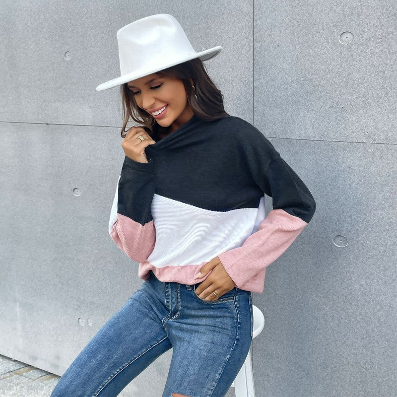 Damen Strickpullover mit modernem Farbblock-Design und hohem Kragen Drune