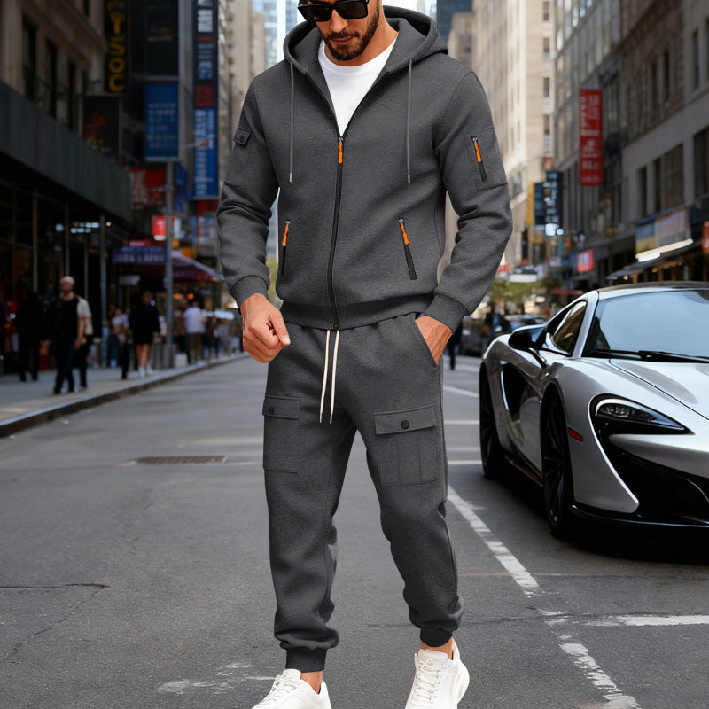 Herren nan urbaner Kapuzen-Jogginganzug aus Baumwollmix mit Cargo-Taschen und funktionalen Reißverschlüssen Drune