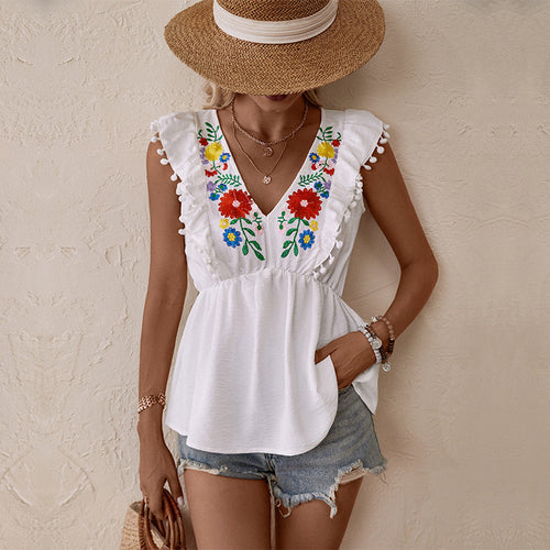 Damen Bluse mit floralen Stickereien und Rüschendetails Drune
