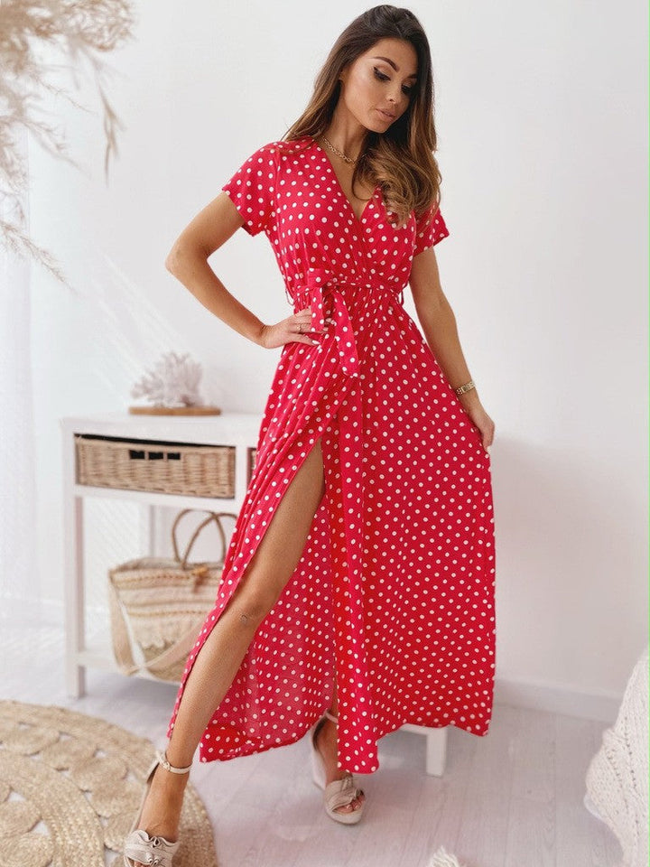 Drune | Gedrucktes Polka-Dot-Band Taille Maxi Kleid