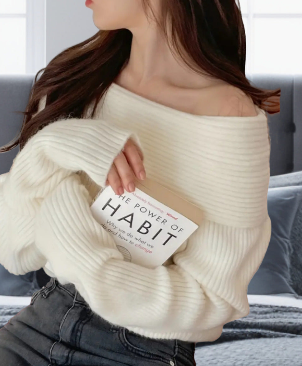 Damen Off-Shoulder Strickpullover mit elastischem Rippdesign Drune