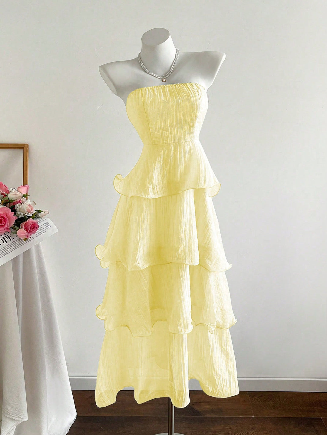Damen langes Strandkleid mit voluminösen Rüschendetails Drune