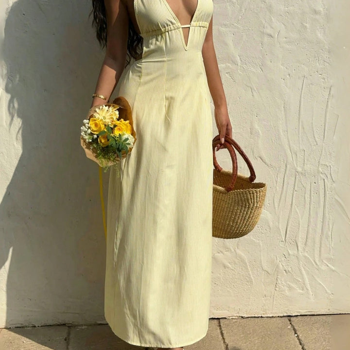 Damen Maxikleid mit tiefem V-Ausschnitt und raffiniertem Streifenmuster Drune
