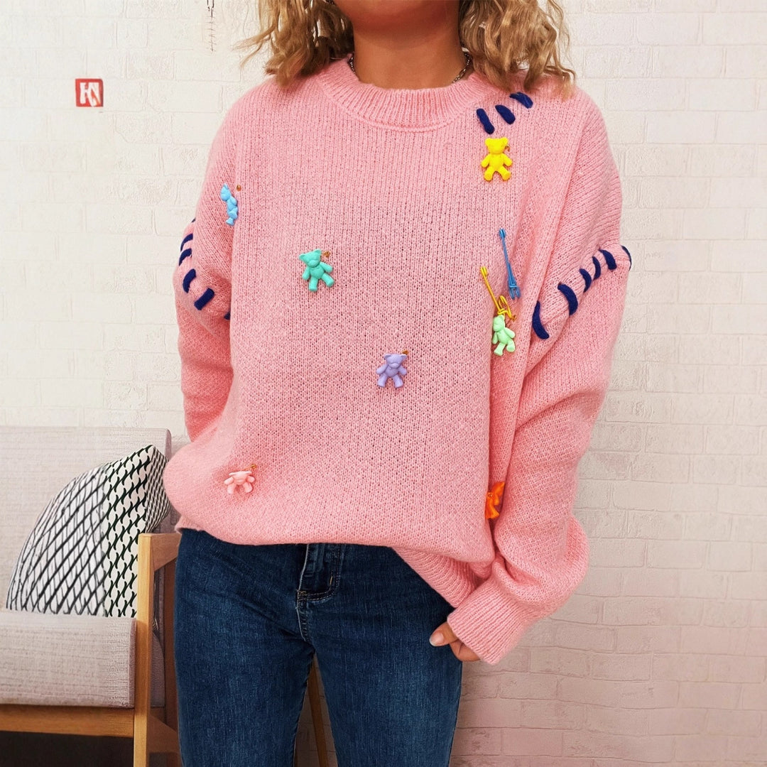 Damen Pullover mit verspieltem Bären-Motiv und dekorativen Applikationen Drune