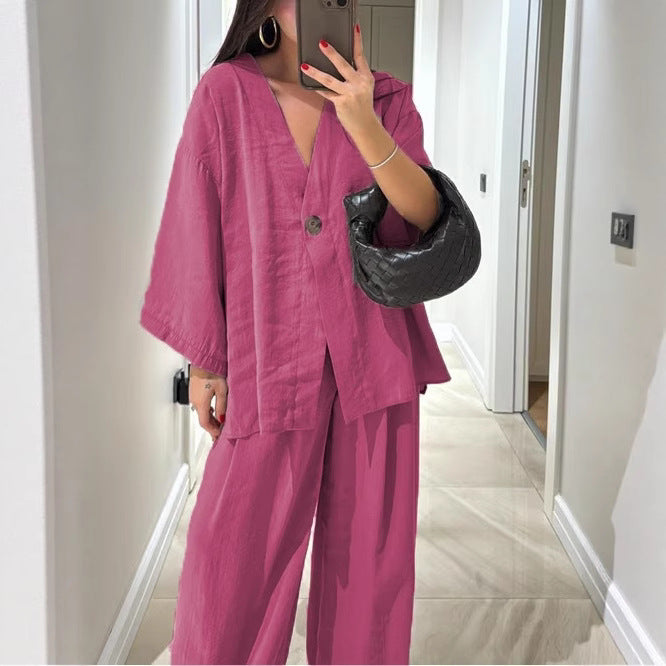 Damen nan entspanntes Zweiteiler-Leinenensemble mit kimonoartiger Oversize-Jacke und weiter Palazzohose Drune