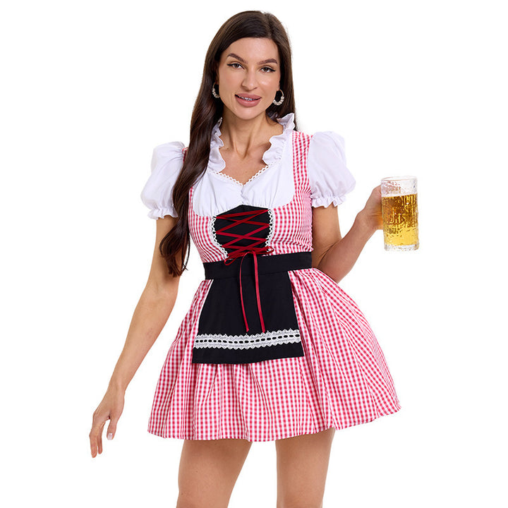 Damen nan kurzes kariertes Trachten Dirndl mit Schnürung Puffärmel und Schürze Drune