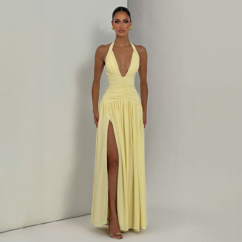 Damen Maxikleid mit tiefem V-Ausschnitt und seitlichem Schlitz Drune