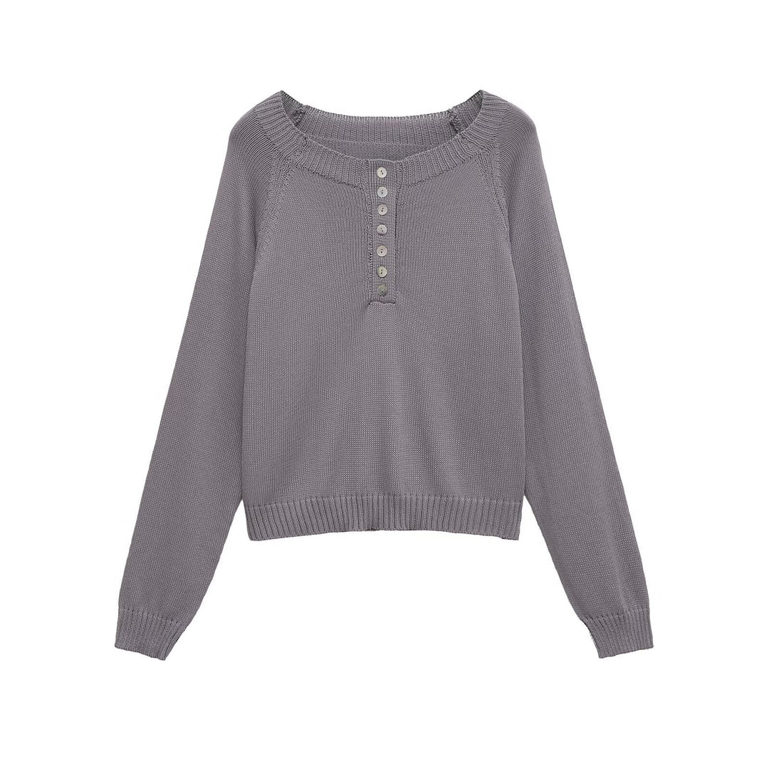 Damen lässiger Strickpullover mit Knopfdetails und breitem Rundhalsausschnitt Drune