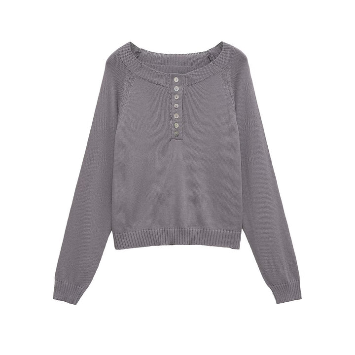 Damen lässiger Strickpullover mit Knopfdetails und breitem Rundhalsausschnitt Drune