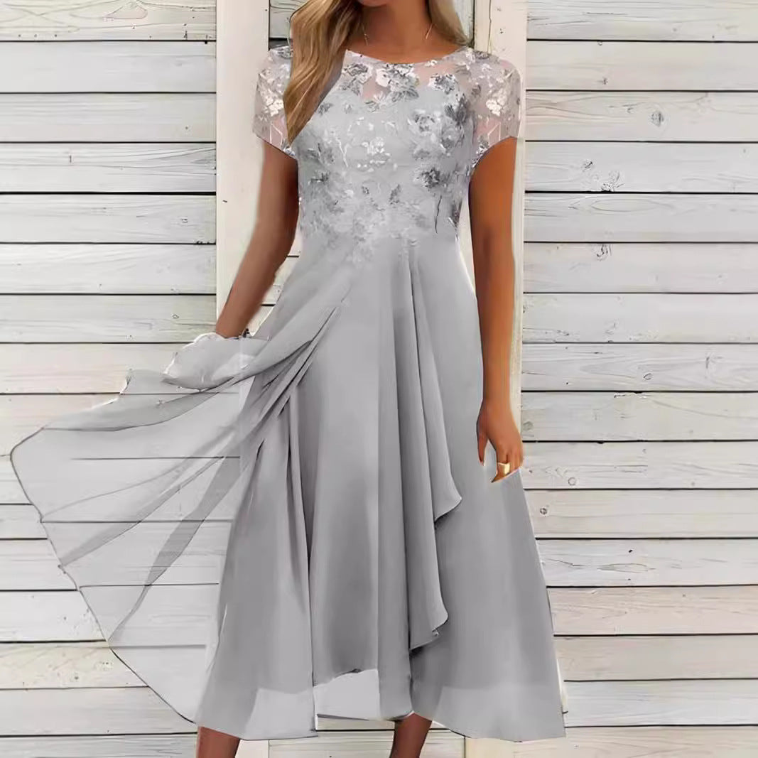 Damen nan fließendes Chiffon-Midikleid mit blumenbesticktem Oberteil und asymmetrischem Stufenrock Drune