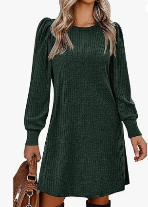 Damen Pullover-Kleid mit lässigem Rippstrick und eleganten Puffärmeln Drune