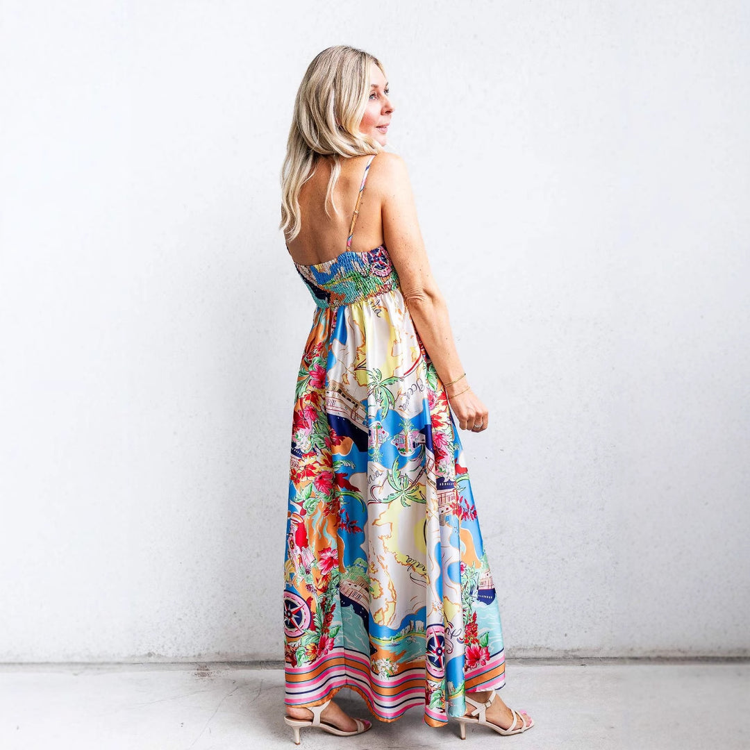 Damen Maxikleid mit buntem Druck und spaghetti Trägern Drune