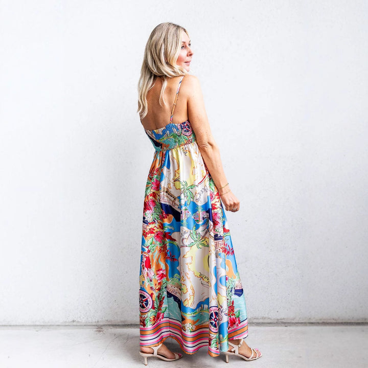 Damen Maxikleid mit buntem Druck und spaghetti Trägern Drune