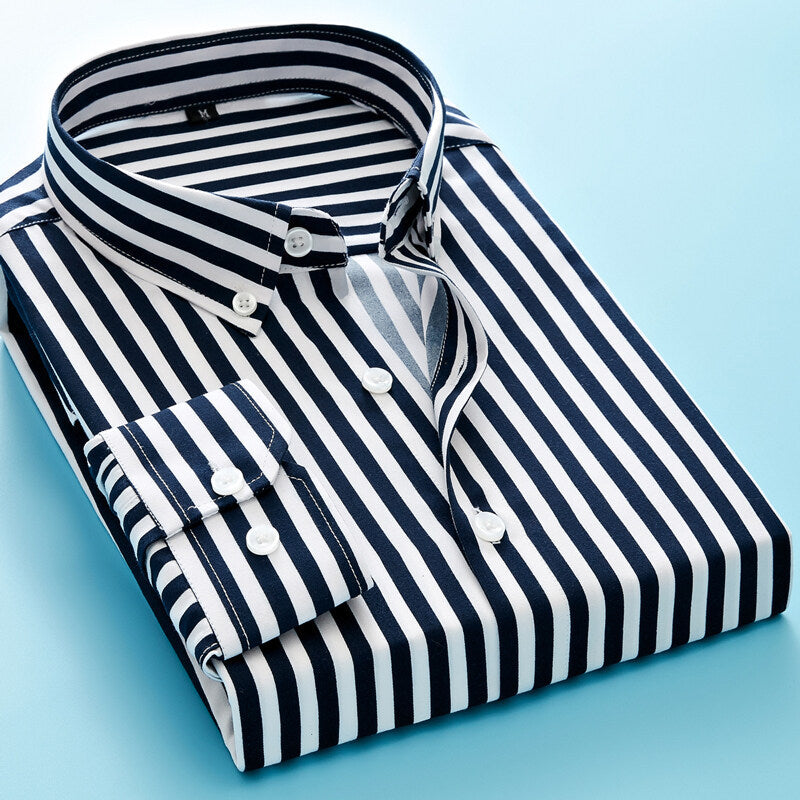 Herren nan gestreiftes Business-Hemd mit Button-Down-Kragen, Brusttasche und bügelleichtem Baumwollmix Drune