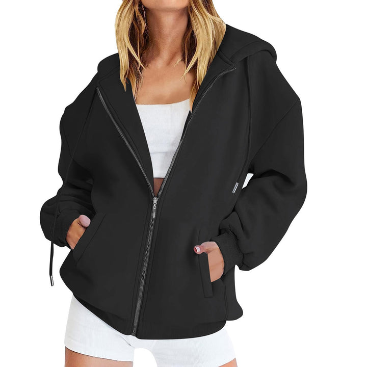 Damen nan lässige Zip-Hoodie-Jacke im Boxy-Cut mit überschnittener Schulter, verdecktem Tunnelzug und großen Kängurutaschen Drune
