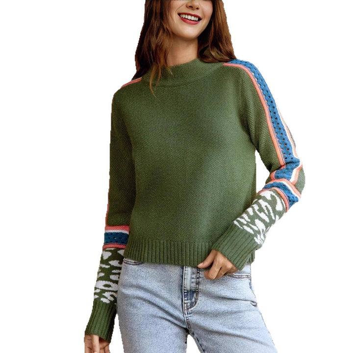 Damen kreativer Strickpullover mit farbenfrohen Akzenten und hohem Kragen Drune