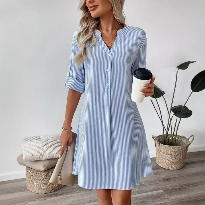 Damen Hemdkleid im eleganten Streifenlook mit Knopfleiste und tiefem V-Ausschnitt Drune