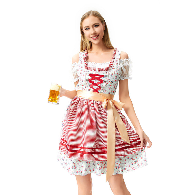 Damen nan Mini-Dirndl im Retro-Mix mit geschnürtem Mieder, floraler Unterlage und Satinschleife Drune