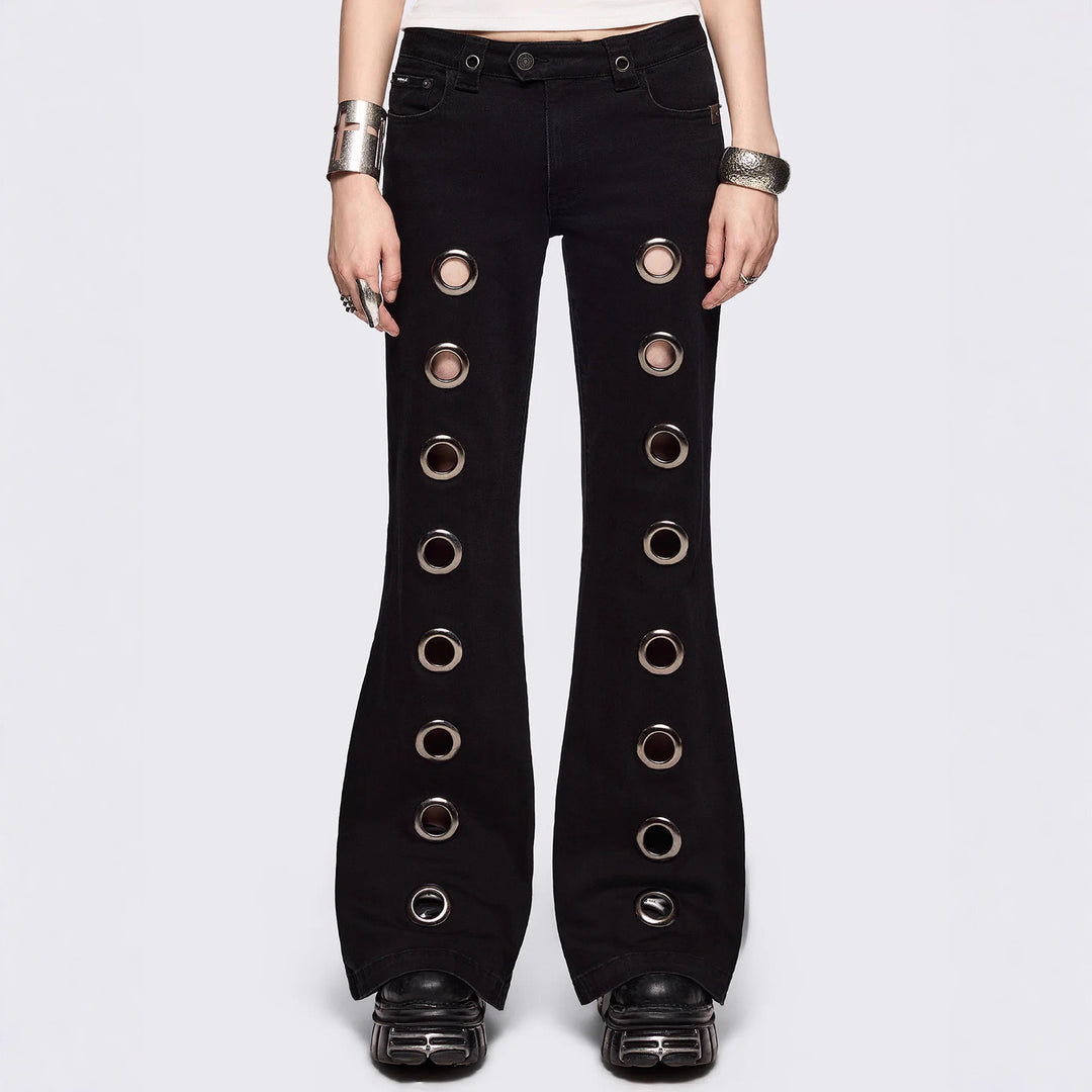 Damen Flared Jeans mit dekorativen Ösen Drune